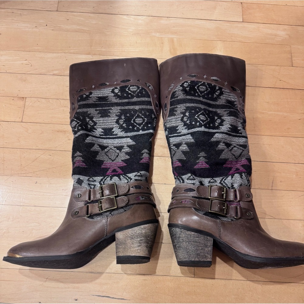 Naughty Monkey Womens Brown Leather Southwestern Tall Boots 7.5 Western Rodeo